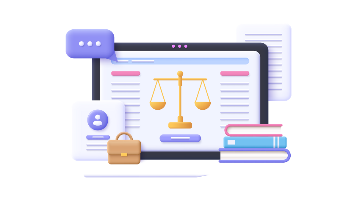Ilustración 3D de una laptop mostrando la balanza de la justicia, con un maletín, libros y un perfil de usuario — servicios legales digitales de Aion Lex
